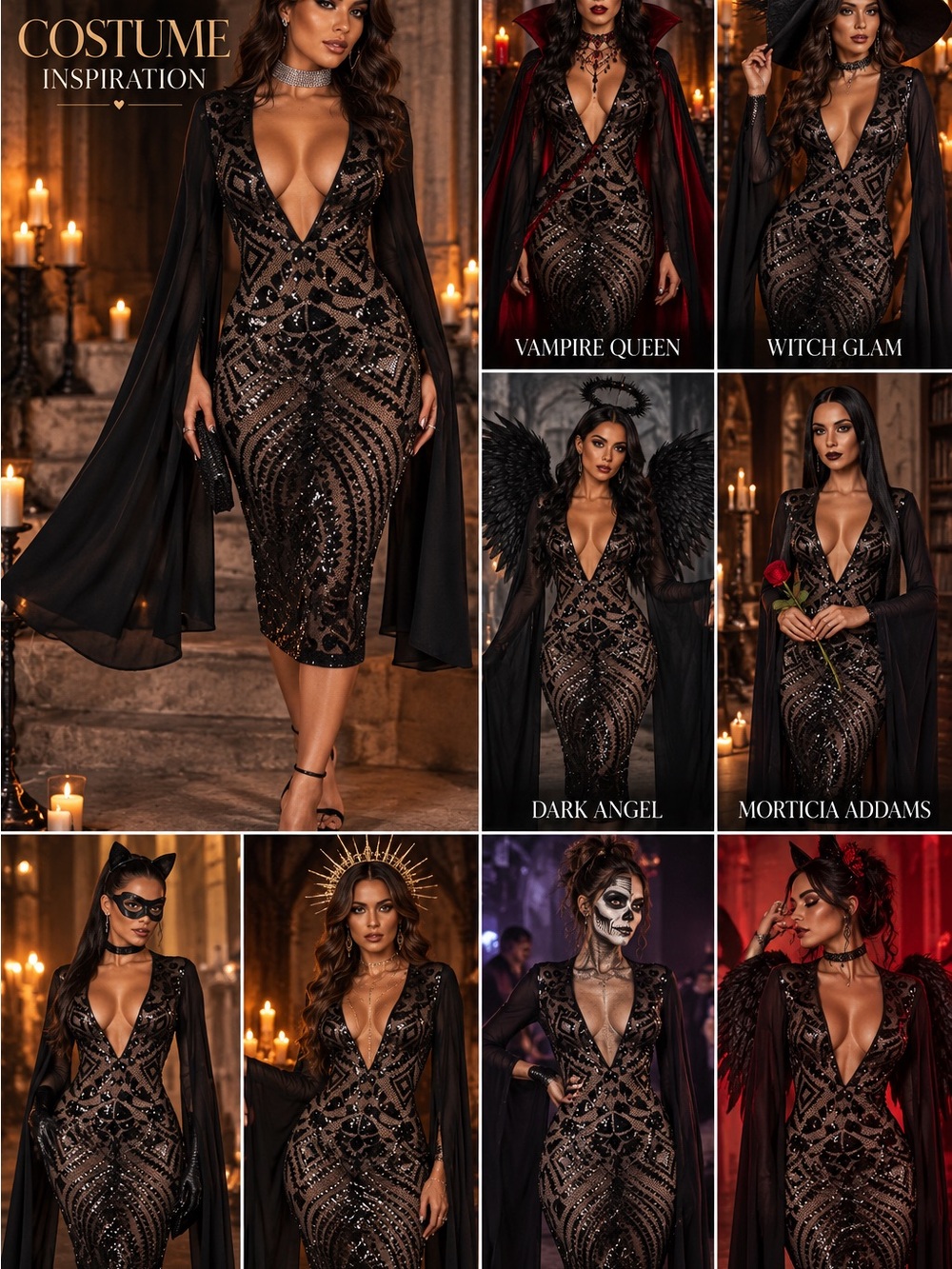 Black Sequin Plunge Midi Dress with batwing sleeves